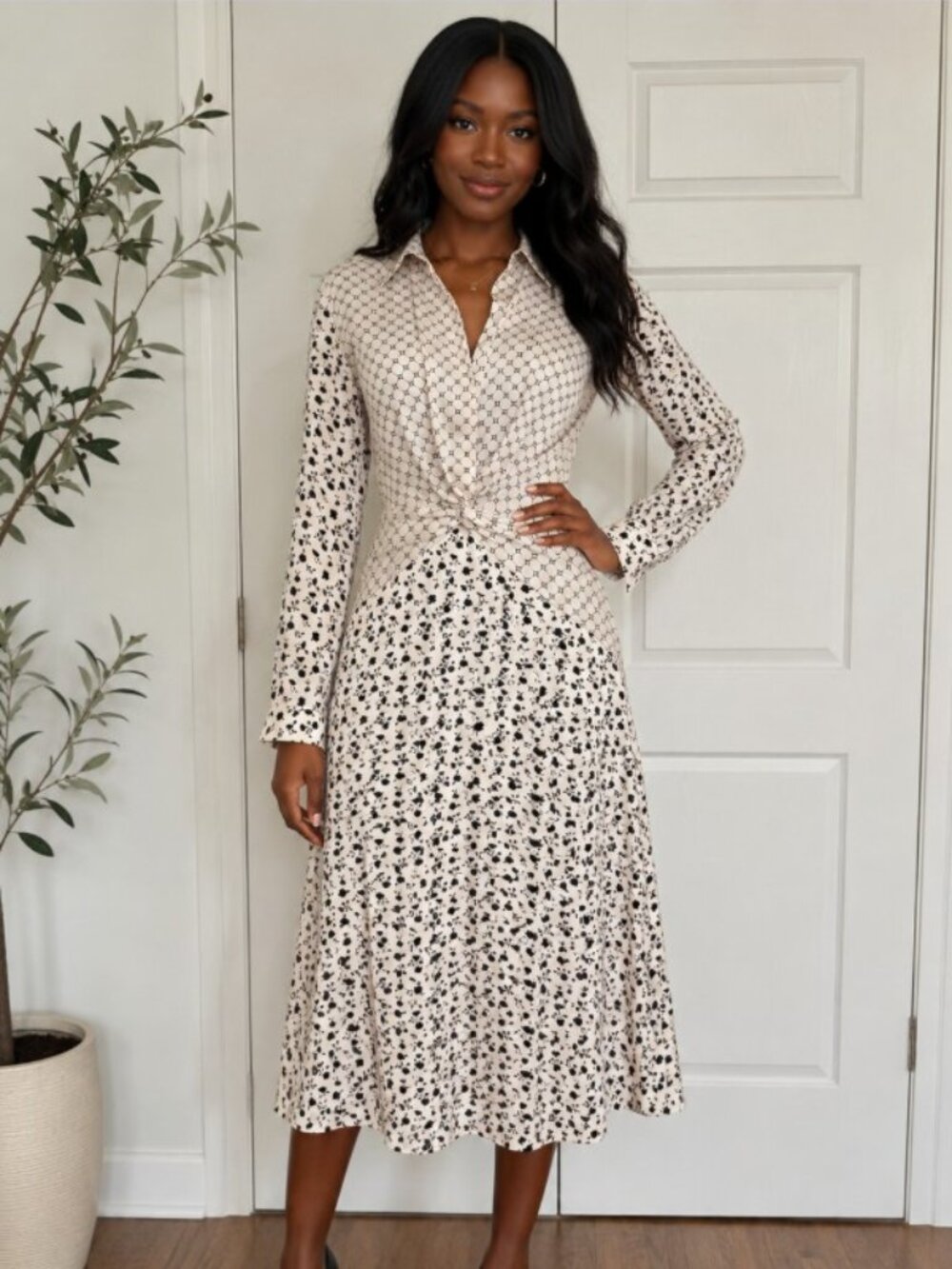 Club Monaco Twist Front Midi Dress Size 00 Black Ivory Slimming Modern Office
